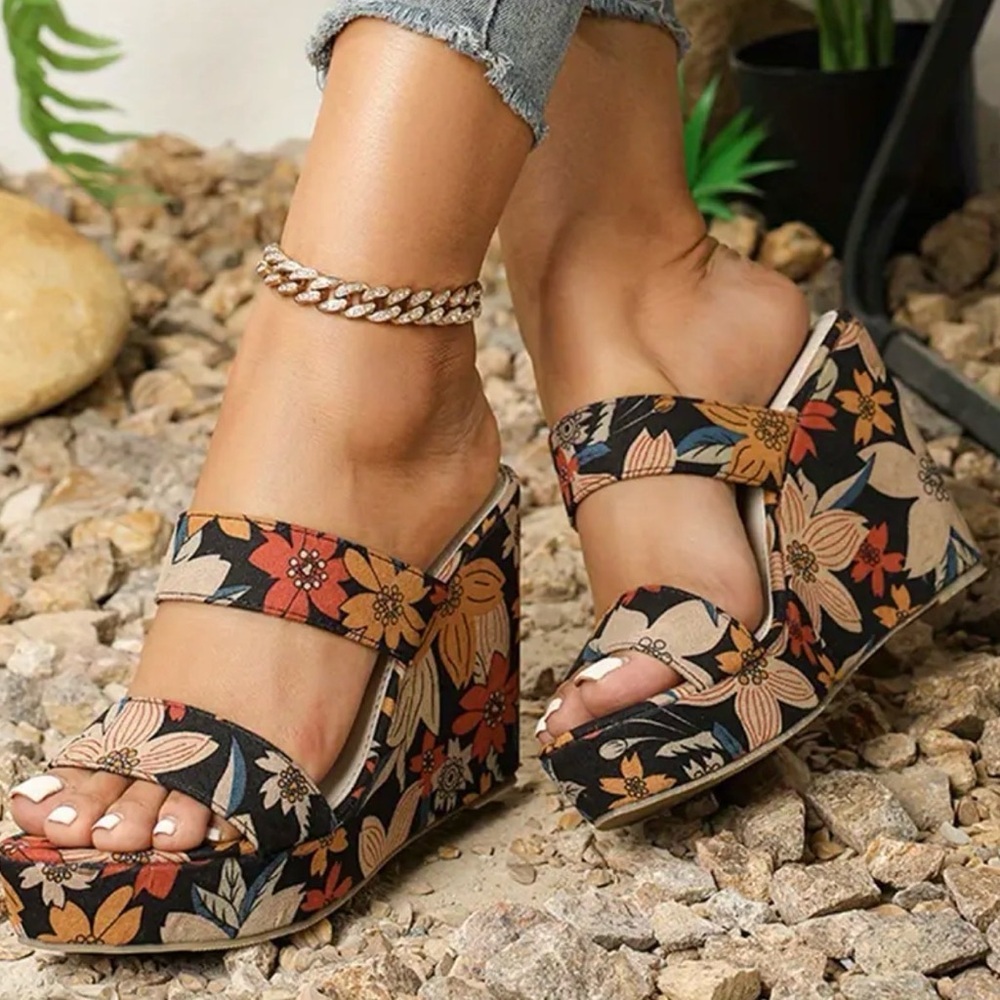 🆕 Temu Floral Print Platform Wedge Sandals, Size 40, 8.5 Woman’s